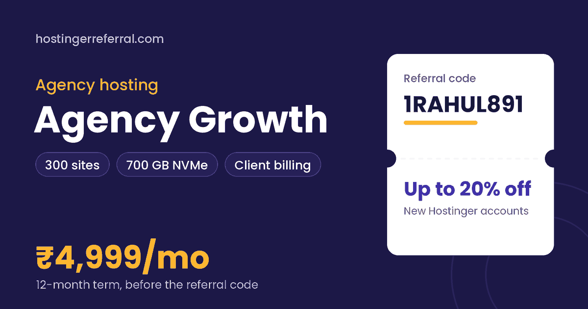 Hostinger Agency Growth plan with 300 sites, 700 GB NVMe, listed at ₹4,999 a month on 12 months, and referral code 1RAHUL891